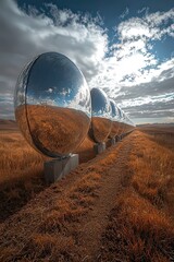 Reflective spheres line a scenic pathway, capturing he sky and landscape, creaing a striking visual contast in a serene, open envionment.