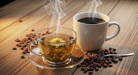 Two Steaming Hot Beverages On A Wooden Table Surrounded By Coffee Beans