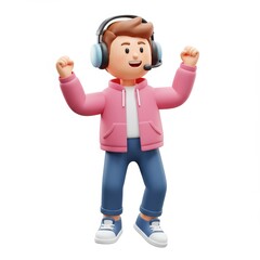 Cheerful Cartoon Gamer Wearing Headset Celebrates Victory with Raised Fists on White Background