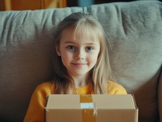 A young girl happily receiving a package, with a joyful expression and anticipation for her new item.