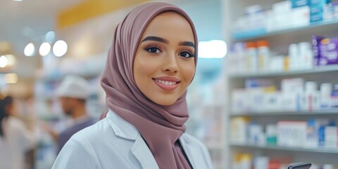 Female pharmacist in a hijab smiling at the camera.
