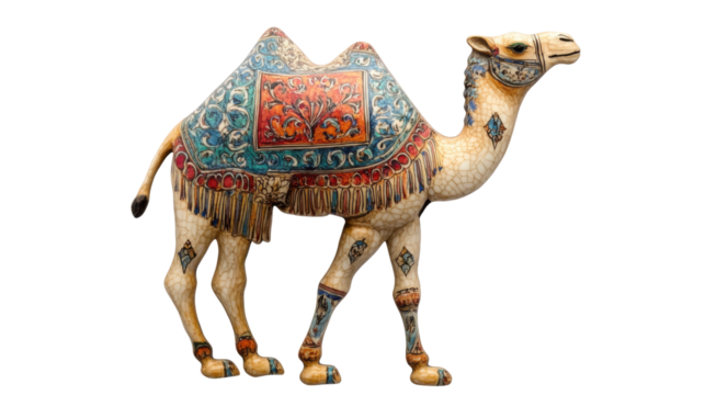 Ornate camel figurine with colorful saddle isolated on white background