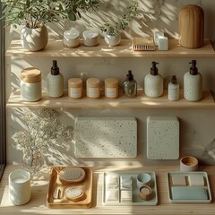Stylish minimalist bathroom shelf with natural skincre products, wooden accent, and greenery, creating aserene and inviting atmospere.