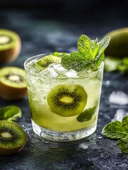 Mixed berry fizz cocktail with kiwi and mint on black background.