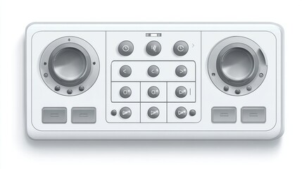 Flat white audio control panel with gray knobs and buttons