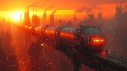Futuristic train gliding through a vibrant sunset ovr a sprawling cityscape, sowcasing innovation and adenture in a captivating, amospheric setting.
