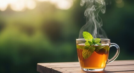 Refreshing Mint Tea on a Wooden Table with Soft Morning Sunlight