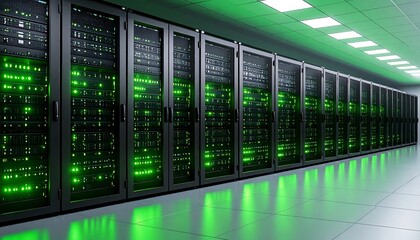 Server racks lined in a data center, glowing green lights