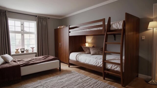 Modern bedroom with wooden bunk beds and single bed next to a window, with a soft rug and a reading lamp 