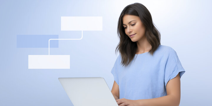 Young woman with long dark hair, wearing a light blue shirt, is working on a laptop with abstract flowchart elements in the background, illustrating digital communication and productivity concepts - Powered by Adobe