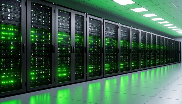 Server racks lined in a data center, glowing green lights