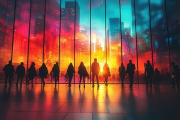 Silhouetted figures admire a vibrant cityscape at suset, showcasing a blend ofcolors and modern architecure, perfect for urban lifstyle and inspiration thems.