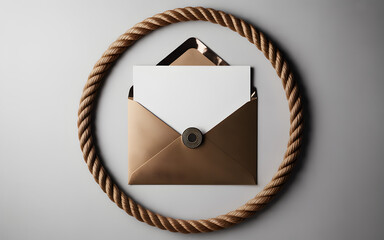Elegant flat-lay with creatively placed blank white card on luxe brown envelope, textured rope accent, and minimalist gray backdrop — perfect for branding, invites & mockups.