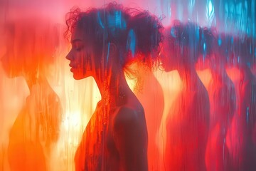 Silhouetted woman in vibrant hues, embodying introspction and movement througha translucent backdrop, pefect for artistic and welless themes.