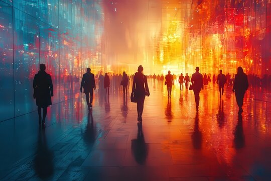 Silhouetted figures walking through a vibrant, abstrct urban landscape, illumiated by colorful lights, eoking a sense of mystery ad modernity.
