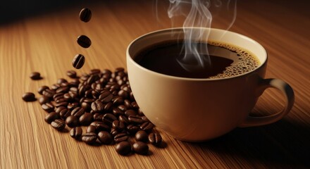 Steaming Hot Coffee Cup with Beans Falling onto a Wooden Table