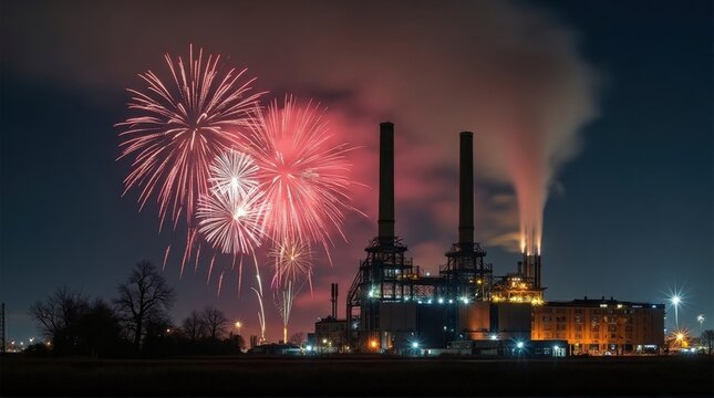 Industrial Power Plant with Fireworks Display at Night - Powered by Adobe