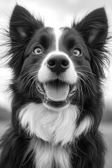 Happy Border Collie with expressive eyes, showcasingjoy and playfulness in a sriking black and white porrait, perfect for pet-relaed marketing and branding.
