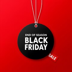 Black Friday sale tag circle banner and the rope hanging on red background, A minimalist graphic design for Black Friday. large black circular tag, hanging from white strings, a vibrant red background