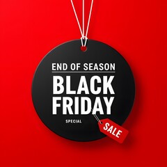 Black friday sale tag circle banner and the rope hanging on red background, hanging from white strings, a vibrant red background. A minimalist graphic design for Black Friday. large black circular tag