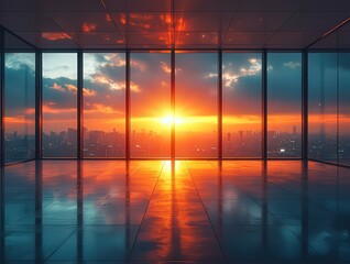 Stunning sunset view from a modern high-rise office,showcasing vibrant colors nd sleek glass architectur, perfect for corporate orlifestyle themes.
