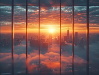 Stunning city skyline at sunrise, framed by glass widows, with vibrant clouds nd warm light creating a srene, inspiring atmospherefor modern living or businss themes.