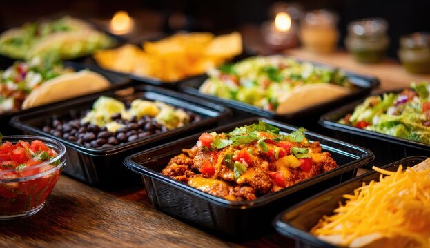 Taco bowls with toppings arranged in black containers