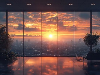 Stunning sunset view from a modern high-rise, showcaing vibrant colors and cit skyline reflections, perfct for luxury lifestyle an real estate themes.