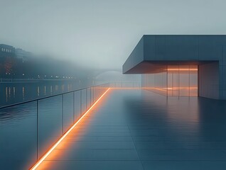 Serene waterfront architecture shrouded in fog, featring illuminated pathways nd modern design, perfect or tranquil urban lifestyl themes.
