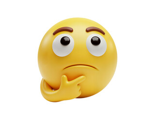 Fototapeta premium Yellow thinking emoji with a finger on its chin contemplating a difficult question or problem isolated on transparent background