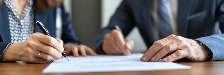Business people writing in notebooks at desk.