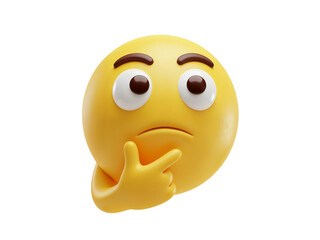 Fototapeta premium A thoughtful yellow emoji character with its finger on its chin contemplating a difficult decision isolated on transparent background