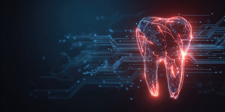 Tooth illustration with digital circuit background represents dental technology