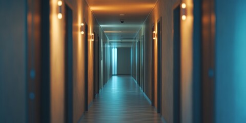 Hallway with lights on ceiling, leading to a dark room at the end.