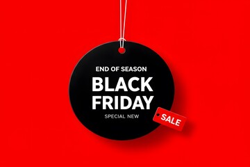 hanging from white strings, vibrant red background. Black Friday sale tag circle banner and the rope hanging on red background, minimalist graphic design for Black Friday. A large black circular tag.