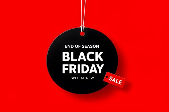 hanging from white strings, vibrant red background. Black Friday sale tag circle banner and the rope hanging on red background, minimalist graphic design for Black Friday. A large black circular tag.