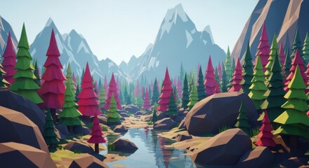 Vibrant low poly forest landscape with a flowing river and majestic mountains
