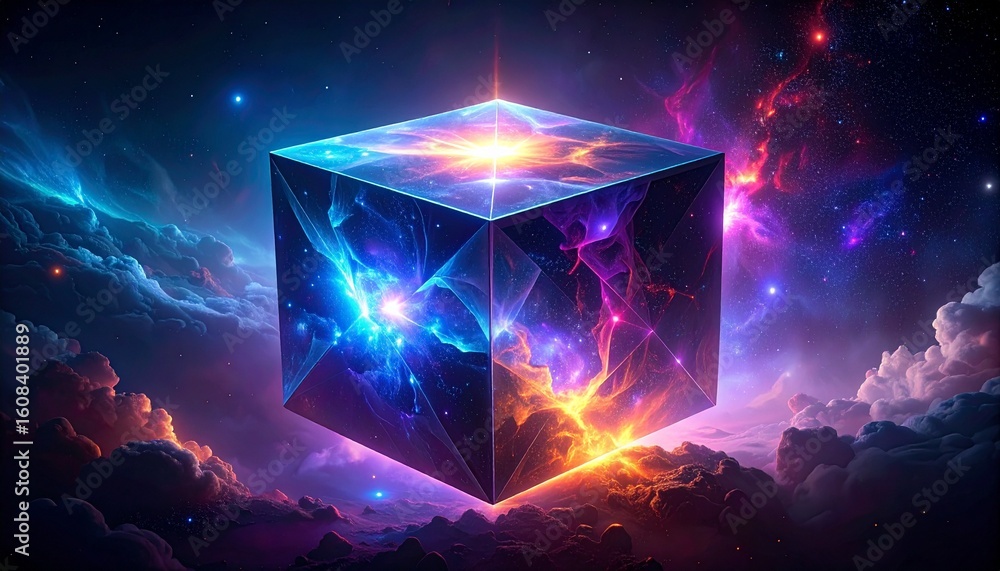 Poster luminous cube floating amidst vibrant cosmic clouds and starry expanse background