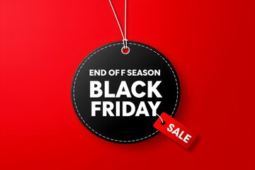 vibrant red background. Black friday sale tag circle banner and the rope hanging on red background, minimalist graphic design for Black Friday. A large black circular tag, hanging from white strings, 