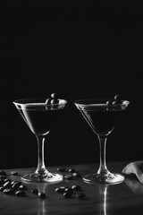 Drinks in glasses next to coffee beans and table