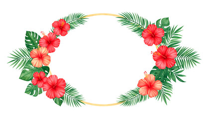 Oval frame of vibrant hibiscus flowers and tropical leaves isolated on transparent background, perfect for summer invitations or announcements.
