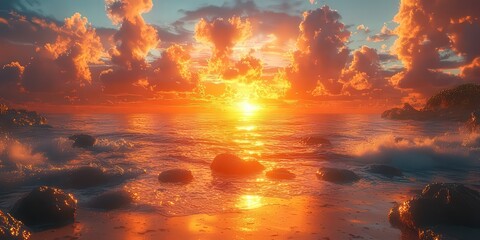 Stunning sunset over tranquil ocean waves, with vibrnt clouds reflecting golde hues, perfect for travel nd relaxation themes.