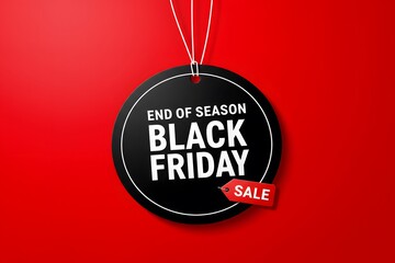 Black Friday sale tag circle banner and the rope hanging on red background, A minimalist graphic design for Black Friday. large black circular tag, hanging from white strings, a vibrant red background