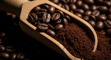 Freshly Ground Coffee Beans on a Wooden Scoop with Rich Dark Roast Aroma