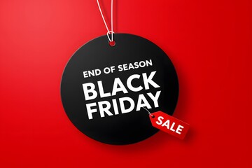 Black friday sale tag circle banner and the rope hanging on red background, hanging from white strings, a vibrant red background. A minimalist graphic design for Black Friday. large black circular tag