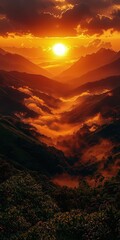 Stunning sunset over misty mountains, casting goldenhues across the landscape,perfect for nature lovers nd travel enthusiasts.