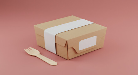 Eco-friendly kraft paper food box with a blank label and wooden fork. Sustainable takeaway lunch packaging mockup on a pink background.
