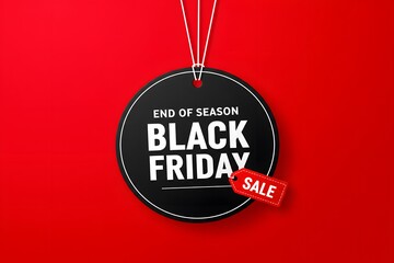 Black friday sale tag circle banner and the rope hanging on red background,  A large black circular tag, hanging from white strings, vibrant red background. minimalist graphic design for Black Friday.