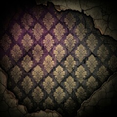 Textured Cracked Wall Revealing Ornate Damask Wallpaper Pattern