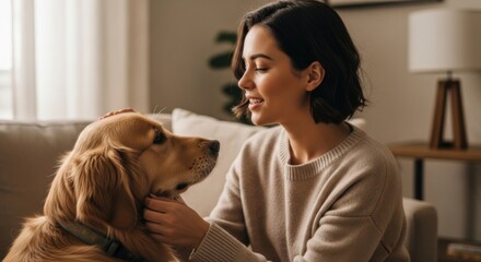Woman bonding with her adorable golden retriever dog indoors